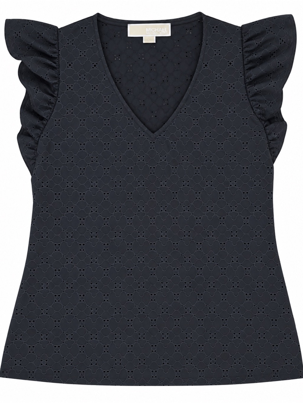 Michael Kors Black Eyelet V-Neck Ruffle Sleeve Tank Top